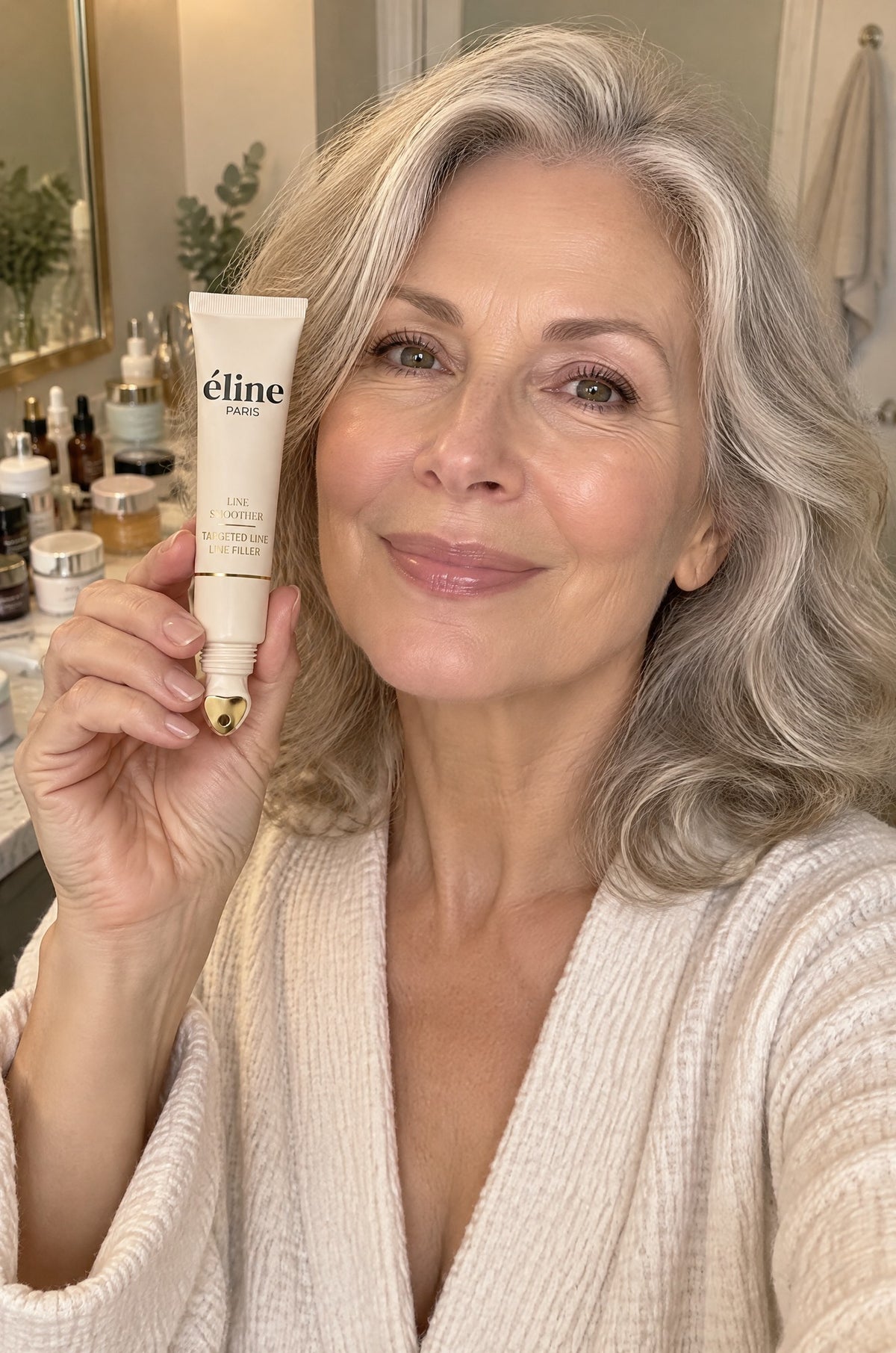 A woman over 50 at her sink, holding the éline tube beside her face