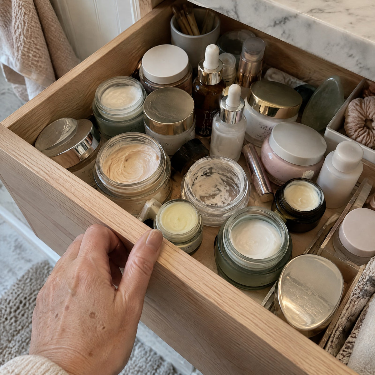 A drawer full of half used anti aging creams and serums