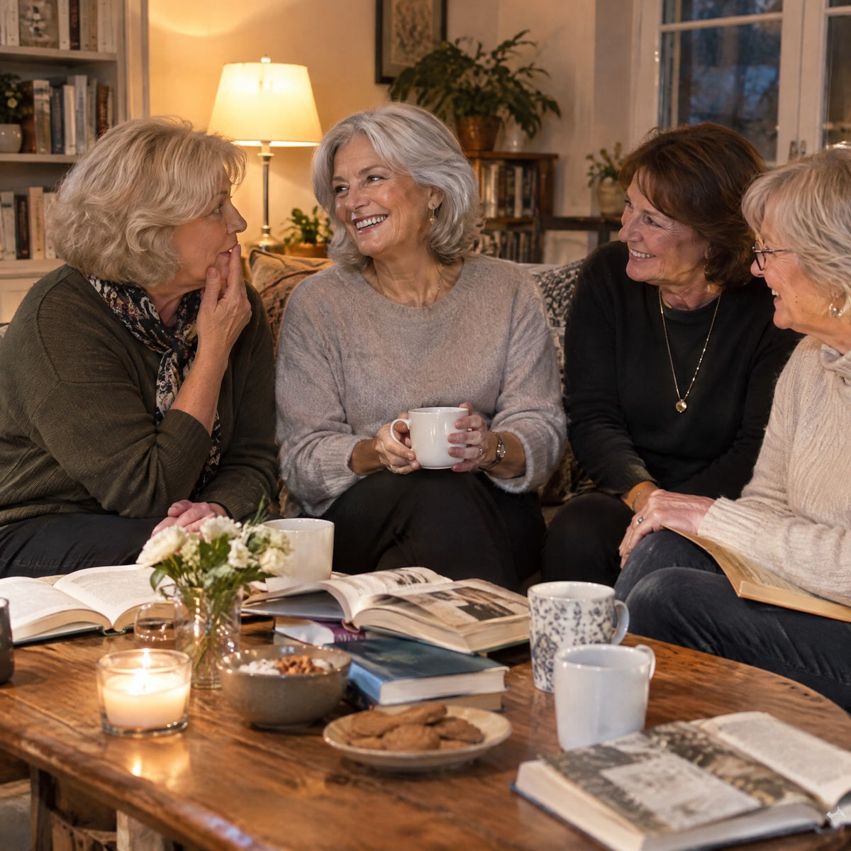 Book club with friends, one asking what she has done