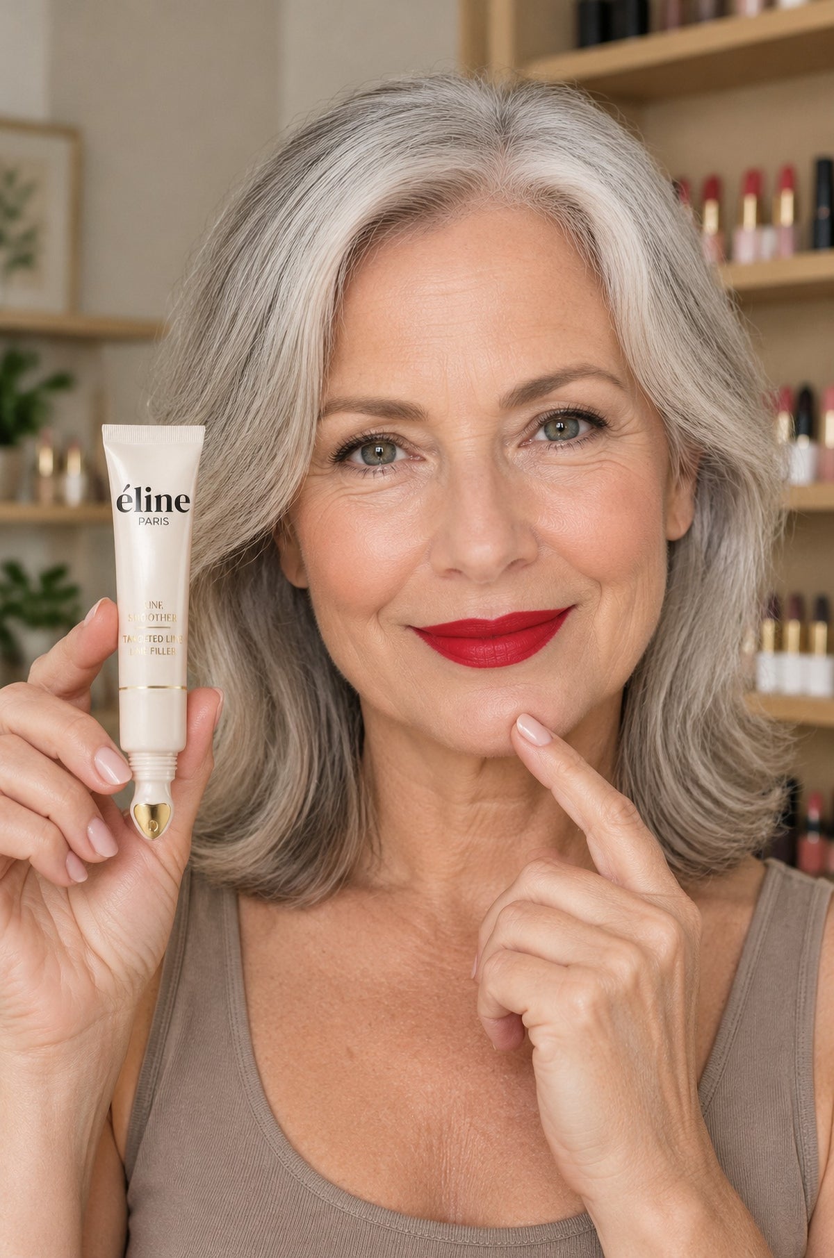 Woman in her 60s wearing red lipstick, holding the éline Line Smoother